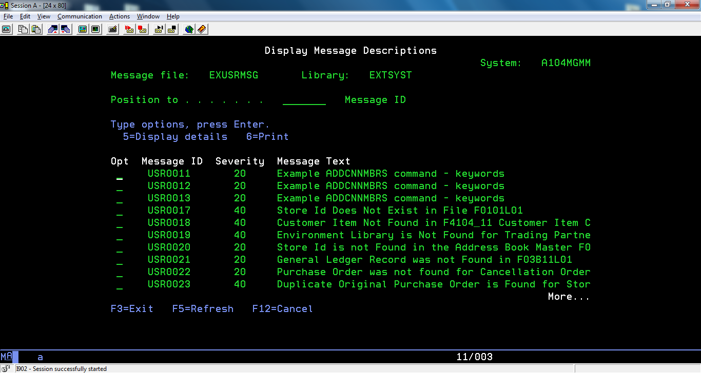 Extol EDI Integrator (EEI) customized user messages EXTSYS/EXUSRMSG screenshot